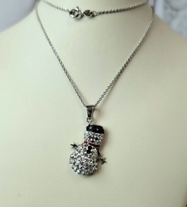 Kirks Folly Snowman Crystal Rhinestone Pendant Necklace Silver Plated Christmas