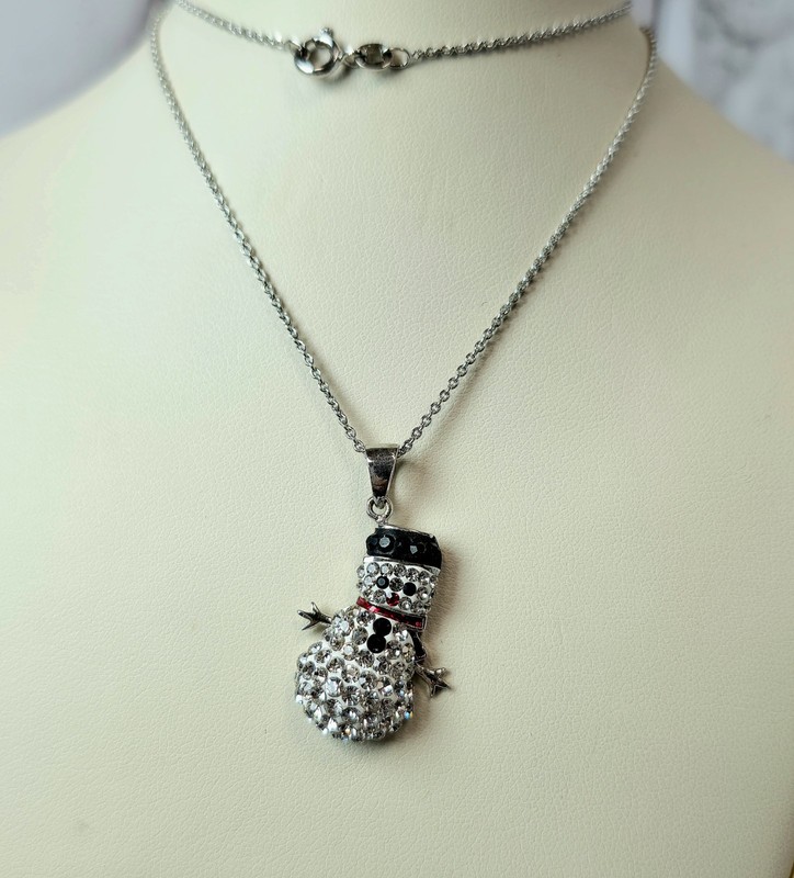 Kirks Folly Snowman Crystal Rhinestone Pendant Necklace Silver Plated Christmas