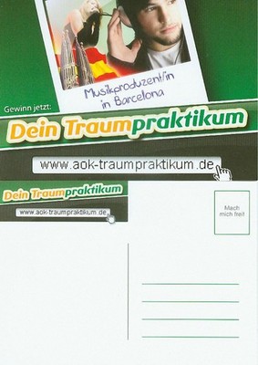 Werbekarte AOK: Gewinn jetzt Dein Traumpraktikum: Musikproduzent/in in Barcelona