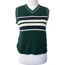 Vintage Montana Blues Women’s Sweater Vest Green Navy V-Neck Cotton Blend Sz M
