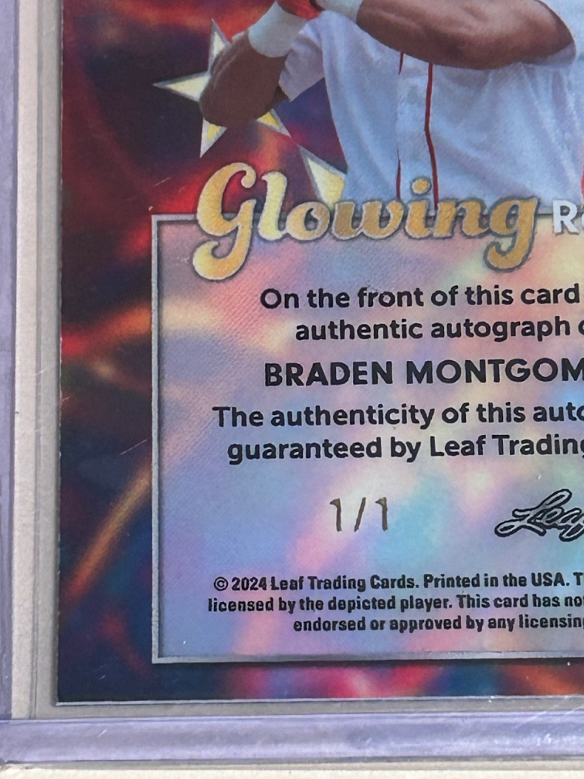#1/1 BRADEN MONTGOMERY AUTO 2024 LEAF VIVID GLOWING REVIEW VINYL GOLD CIRCLES SP view 9