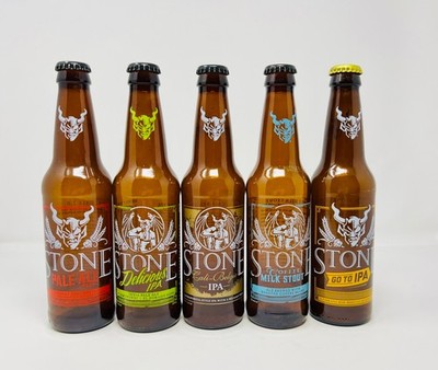 STONE 5PK EMPTY PAINTED LABEL BEER BOTTLES+CAPS PALE ALE IPAx3 MILK STOUT LTD ED
