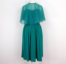 Vintage Trina Lewis & Marjon Couture Teal Green Dress Size 14 Cape Overlay