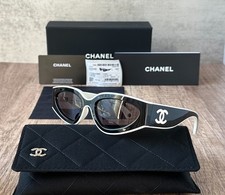 CHANEL SUNGLASSES BLACK WHITE FRAME 100 AUTHENTIC CLASSIC 6056 CAT EYE SHIELD