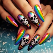 Almond Tip Skull Halloween Press on Nails Long Colorful Halloween Nails 11