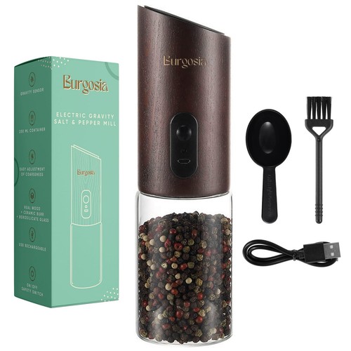 Wooden Gravity Pepper & Salt Grinder Electric Refillable Spice USB Rechargeable