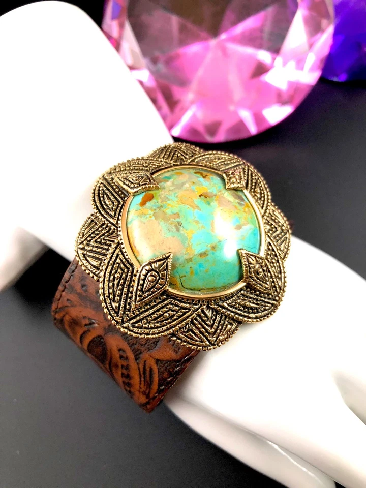 FABULOSO BRAZALETE FIRMADO CUERO BARCA AZUL TURQUESA PIEDRA SUROESTE Foto 2 de 4