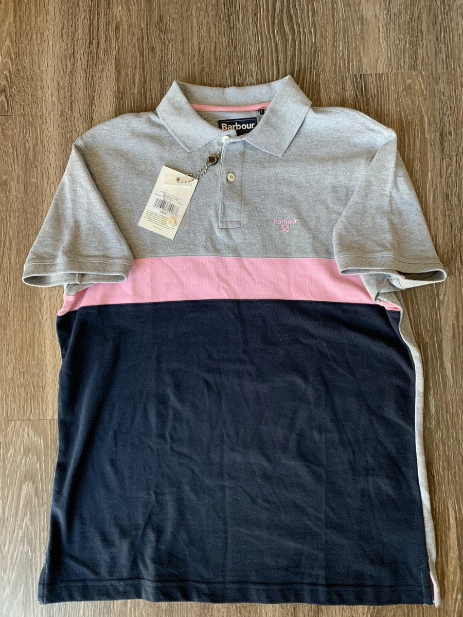NWT Barbour 100% Cotton Gill Panel Polo Shirt Mens Sz Medium Grey Blue Pink $89