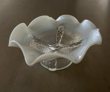 Vintage Northwood Button Pedestal  Clear Milk Glass Compote Bowl  Dish Ruffled