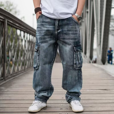 Casual Mens Denim Baggy Cargo Pant Jeans Overalls Pockets Hip Hop