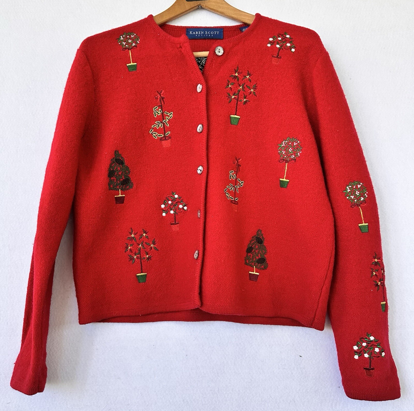 Cardigan Wool Sweater Embroidered Christmas Holly Red Petite PL Women’s-image