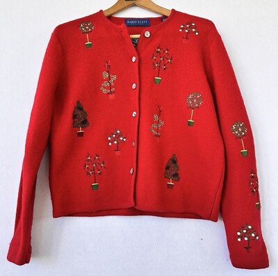 Cardigan Wool Sweater Embroidered Christmas Holly Red Petite PL Women s
