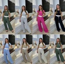 Ladies Ribbed Contrast Cap Sleeve Crop Top & Trouser 2 Piece Co ord Set