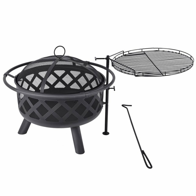 Micasa 30 Inch Fire Pit And Cooking Grill With Spark Screen Poker
