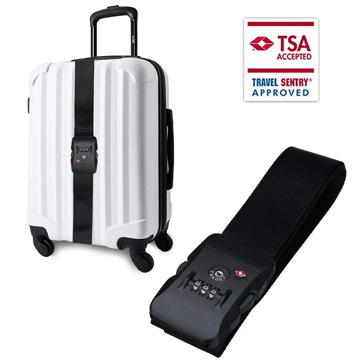 Heavy Duty Luggage Straps TSA Approved w/Lock Adjustable Suitcase Belt -  Black