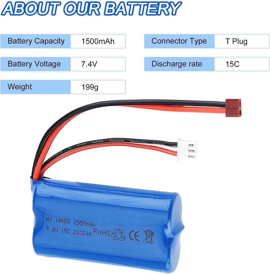 2 Stück 1500mAh 7.4V Lipo Akkus T-Stecker für WLtoys 4WD RC Auto 12401 - 12404 - Bild 2 von 4