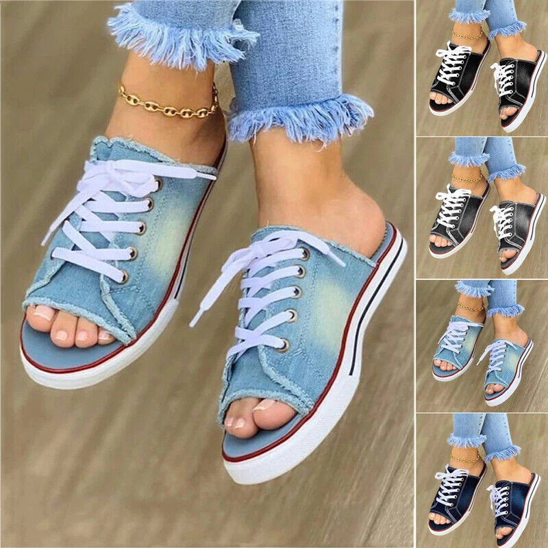 Women Denim Canvas Shoes Flat Sandals Lace Up Ladies Open Slippers ToeSliders UK