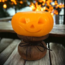 Vintage Halloween Jack O'Lantern Pumpkin Candle Versitron Wooden Pillar Base 7”