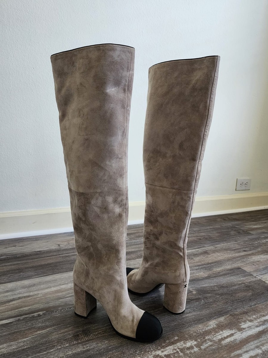 Chanel High Boots - Suede Calfskin & Grosgrain - Light Gray
