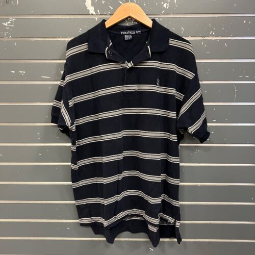 Vtg Nautica Polo Shirt Short Sleeve Striped Black 