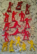 Vintage Lot Of 24 Yellow Red Plastic Figures Western Sheriff Cowboys Indians