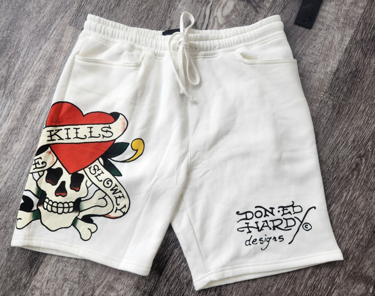 ED HARDY Love Kills Slowly Fleece Sweat Shorts Ivory Men's Sz
