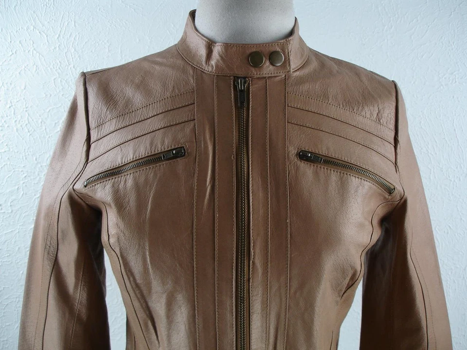 Women's M arden B Metallic Tan Leather Cafe Racer Motorcycle Jacket Biker Moto - Image 2 of 4