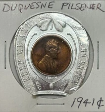 1941 Lincoln Wheat Cent Encased Good Luck Duquesne Pilsener