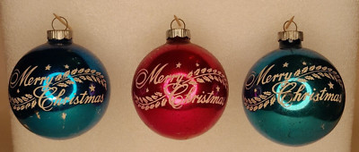 Shiny Brite Set of 3 Vintage Christmas Ornament Balls Blue & Red Merry Christmas