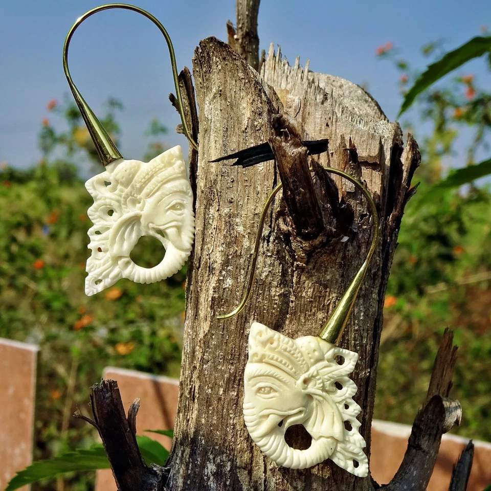 Lord Ganesh 1mm Gauges Earrings Good Luck Wealth Buddhism Beautiful Carving - Image 2 of 3