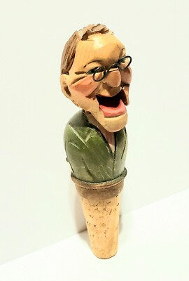 Antique Hand Carved Wooden Man Moving Mouth/Head Whiskey Alcohol Bottle Topper 