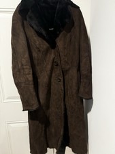 Vintage Por Santa Maria Suede Leather Brown Fur Lined Long Jacket Sz 8 Flaws