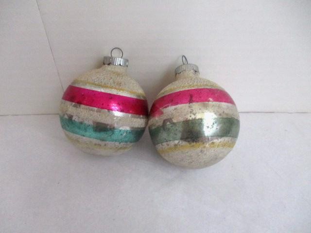 2 Vtg Shiny Brite Glass Christmas Ornaments-Stripes/Mica Flakes-3"