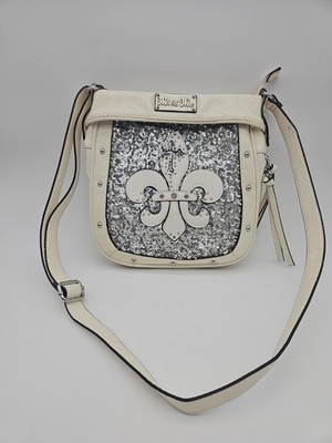 Miss Me Cream & Silver Fleur De Lis Embellished Crossbody Shoulder Bag