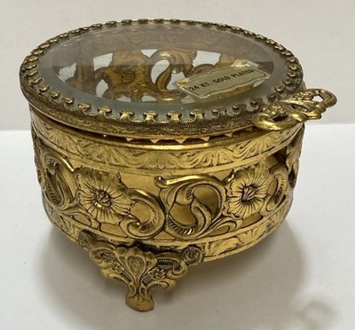 VTG Gold Plated  Hollywood Regency Trinket Jewelry Box Glass Lid Vanity Dresser