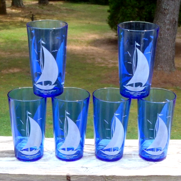 Vintage 6-Piece Hazel Atlas Cobalt Blue Sailboat Tumblers 10oz