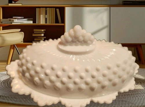 Vintage Fenton Milk Glass Hobnail Oval Butter Dish with Crown Top Lid