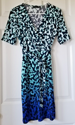 APT 9 Black & Teal Abstract Print Short Sleeve Faux Wrap Dress Women's Size XS