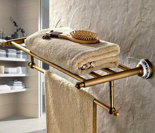 Antique Brass Wall Mounted Bathroom Double Towel Rail Holder Rack Bar Qba411 - Picture 4 of 7