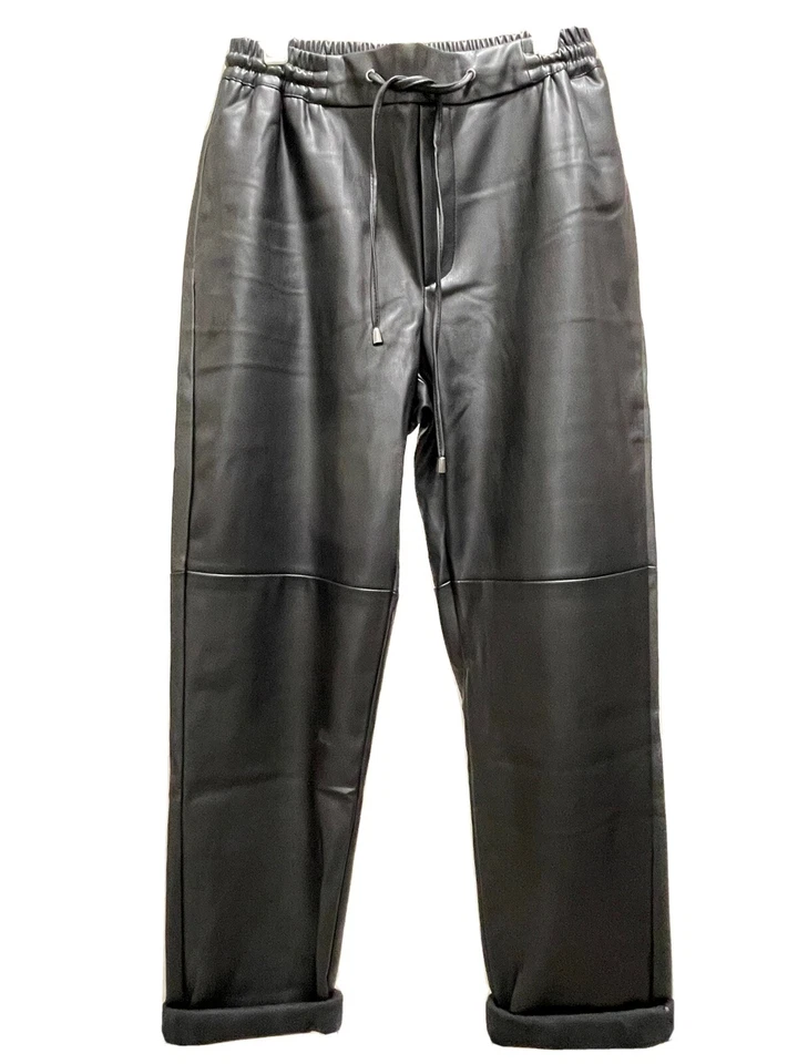 Women Black Faux Leather Baggy Trousers XXS. Elastic Tie Waist.
