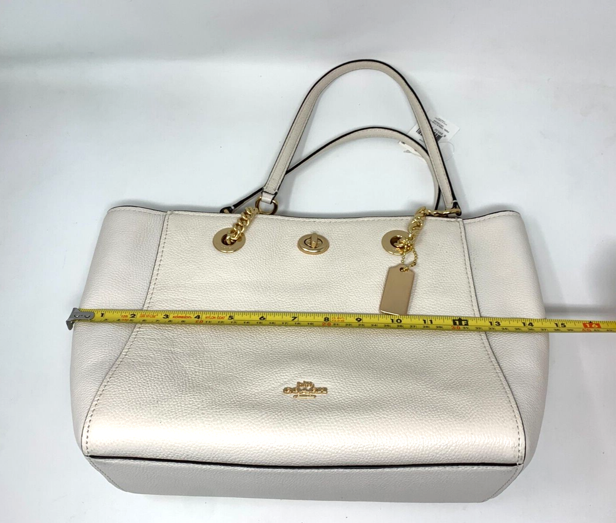 COACH Turnlock Chain Tote 27 Purse Chalk White Pebble Leather 