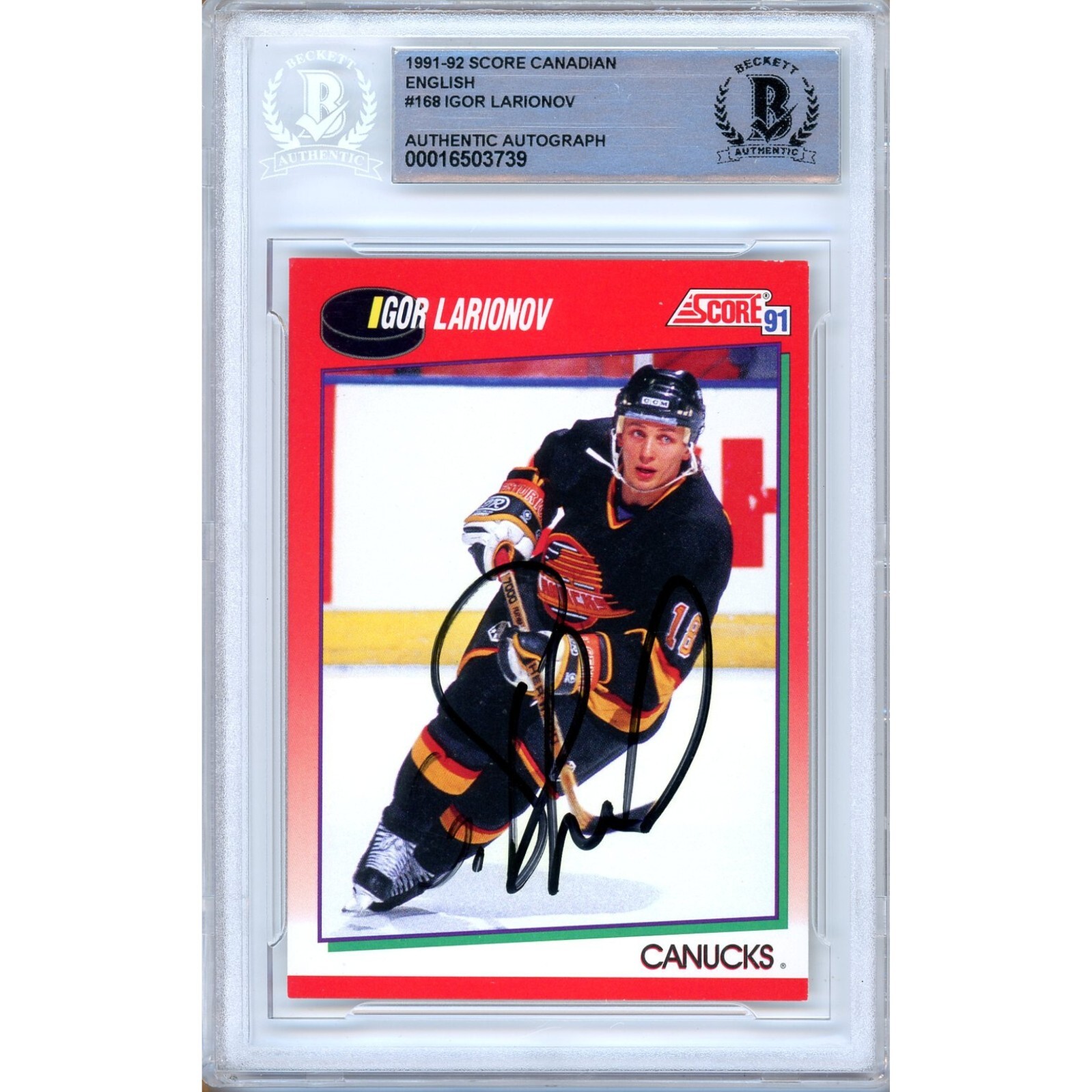 Igor Larionov Vancouver Canucks Auto 1991-92 Score Hockey Signed BAS Auth Slab
