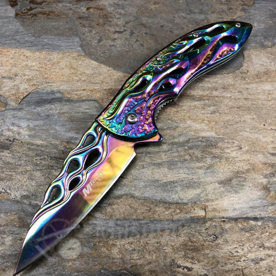とりRainbow 虹 foldback marshall majors Mtech Rainbow Flame Assisted Linerlock Folding Pocket Knife