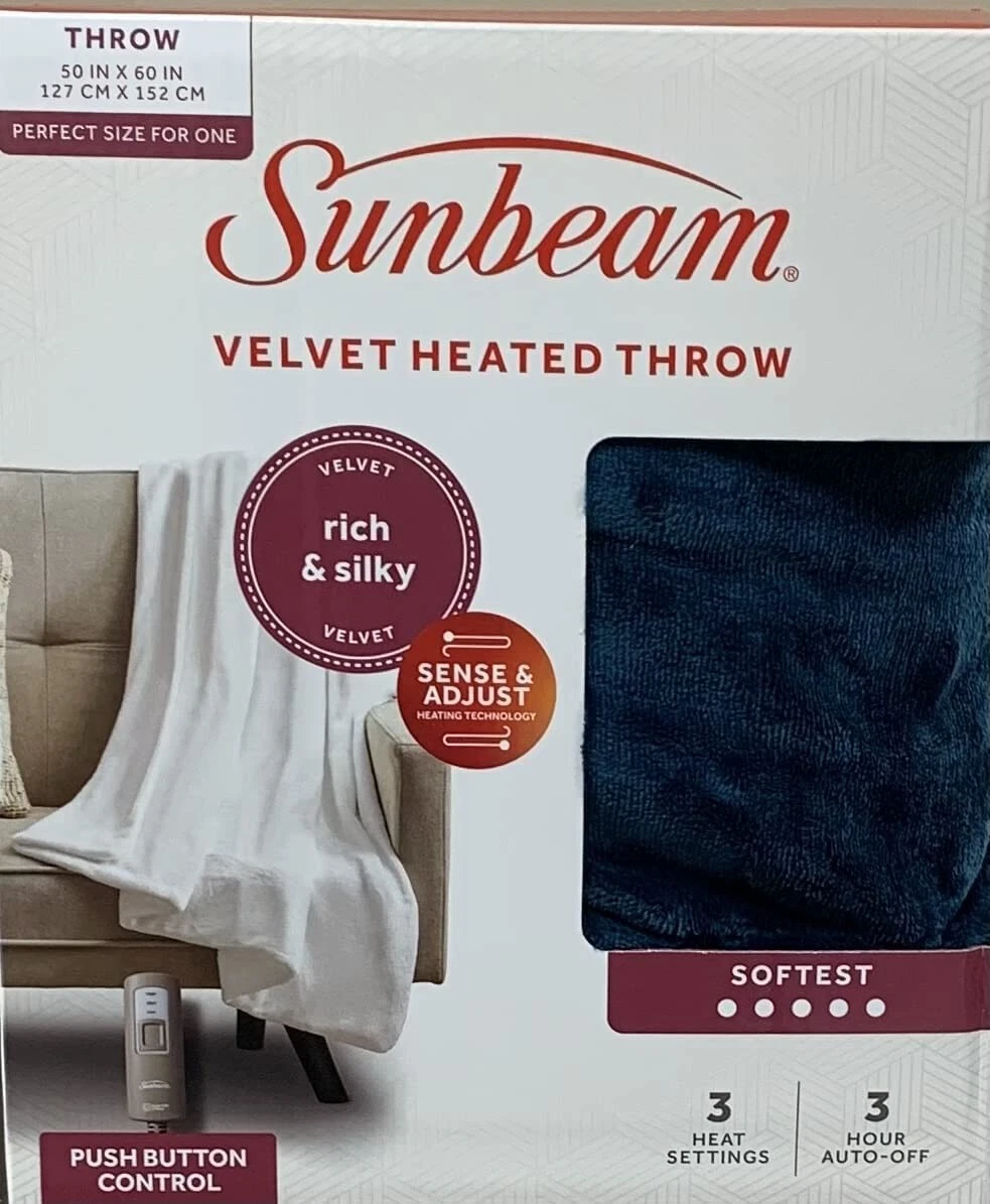 Sunbeam Velvet Heated Throw Blanket, 50u0026#034; x 60u0026#034;, Ultra Soft, Auto  Off Blue | eBay