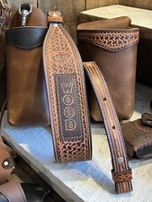 Leather Rifle Sling - Hand Tooled Basket Weave Strap - Personalized -Made in USA