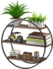 Floating Shelves, 3 Tier Decorative Geometric Circle Metal and Wood Circular 