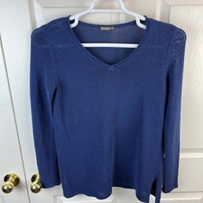 Women's J.McLaughlin Long Sleeve V-Neck Open Knit Pullover Sweater Blue Small S