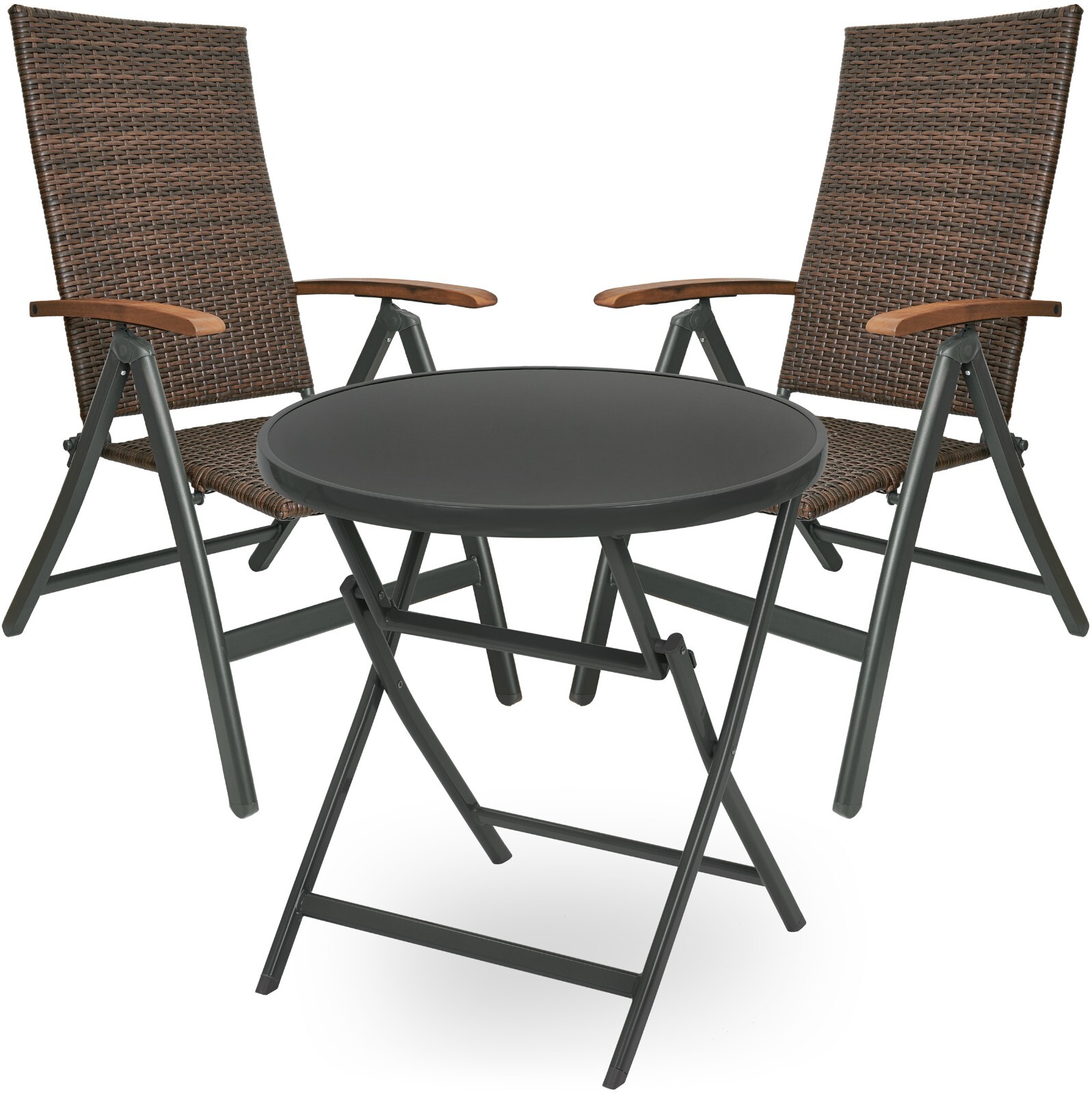 Set de Salón Sillas de Jardín Ratán Silla y Mesa de Vidrio 70 x 70 cm Plegable