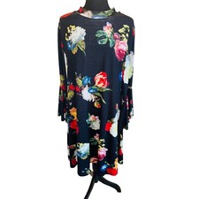 Vintage Gibson & Latimer Floral Bell Sleve Dress Black Multicolor L Slimming
