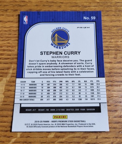 Stephen Curry 2019-20 Panini Hoops Premium Stock Purple Disco Prizm #59 - Picture 3 of 3